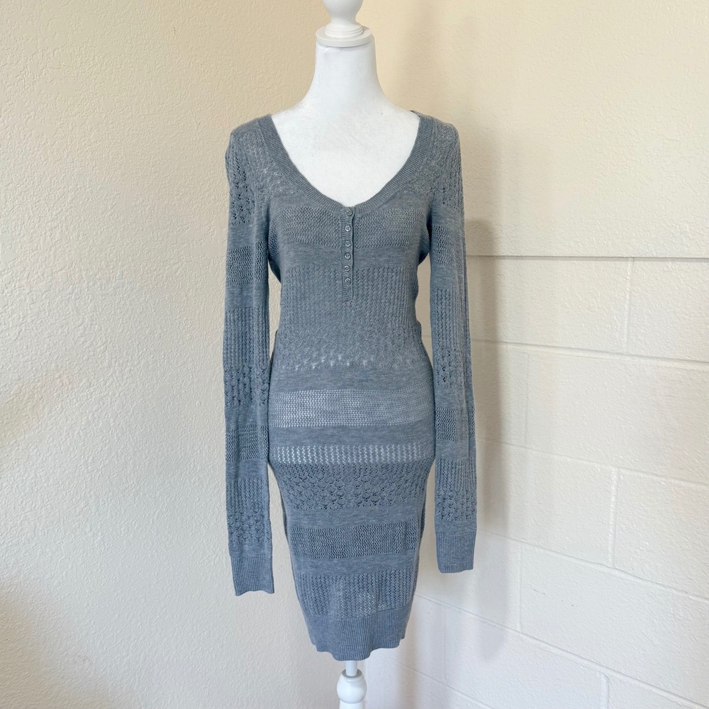 Aeropostale Sweater Dress Womens Medium Gray Pointelle Knit Henley Long Sleeve